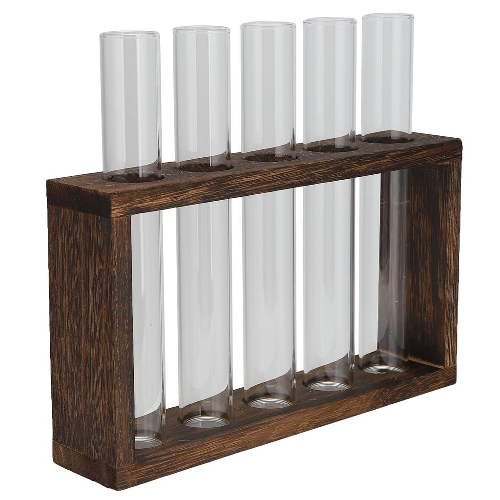 Tabletop Glass Tube Vase High Borosilicate Glass Pine Wood Frame Retro Tube Plant Vase for