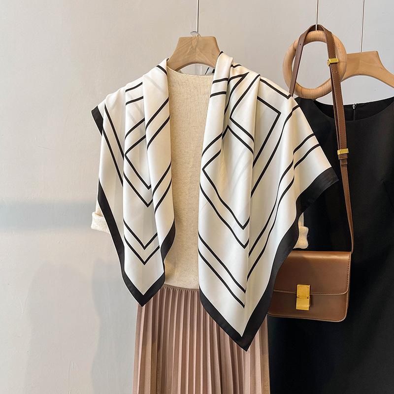 Nordic simple silk scarf long female French retro black and white striped large square scarf tied hair ins headscarf headband shawl