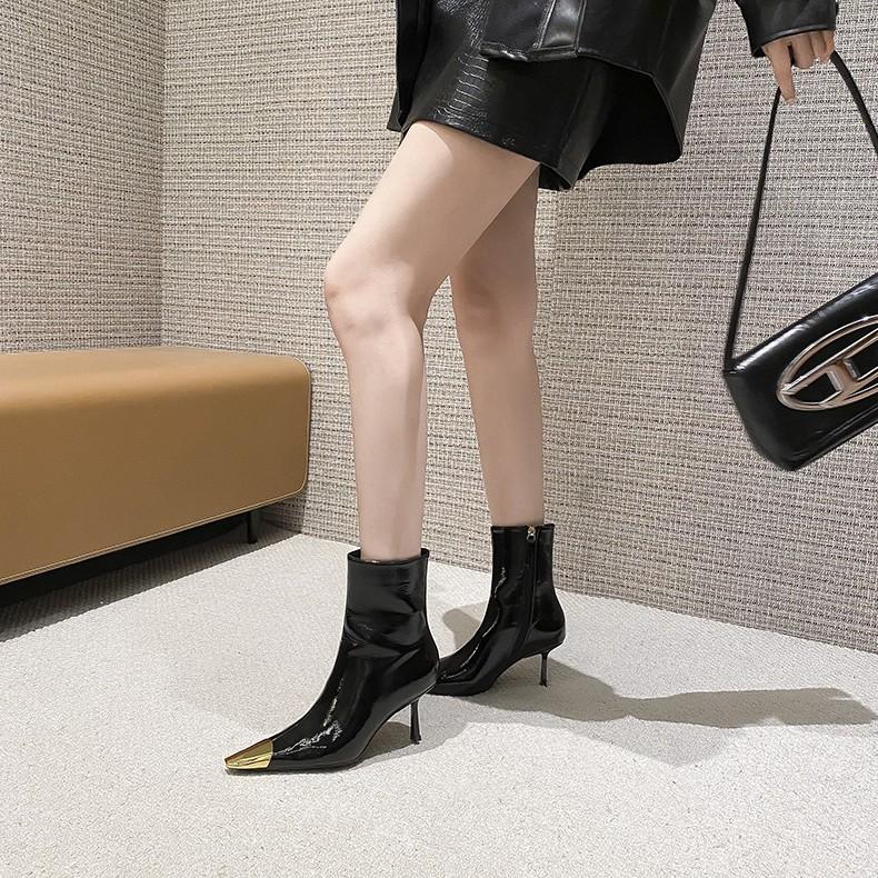 Women Pointed Stiletto Heel Ankle Boots 2025 New European Style Metal Toe Black Gold Sexy Boots