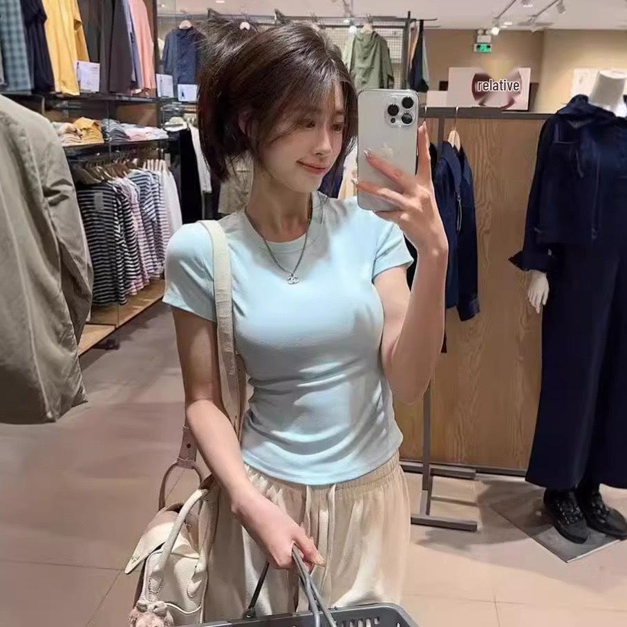 2025 Korean Style Women's Slim-Fit White Short-Sleeve Base T-Shirt - Spring & Autumn