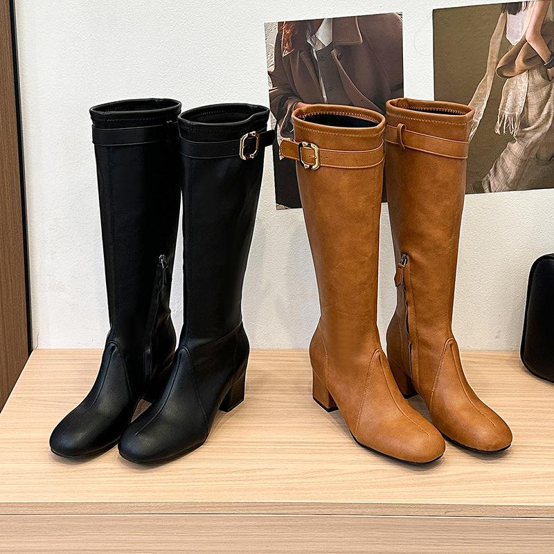 Retro belt buckle side zipper thick heel boots autumn and winter new thin fashion boots high heel but knee knight boots
