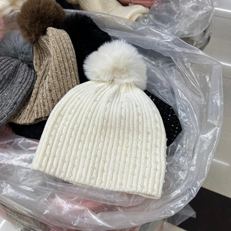 Wool hat women's autumn and winter new versatile winter rhinestone chenille knitted hat warm fashion hairball ear hat