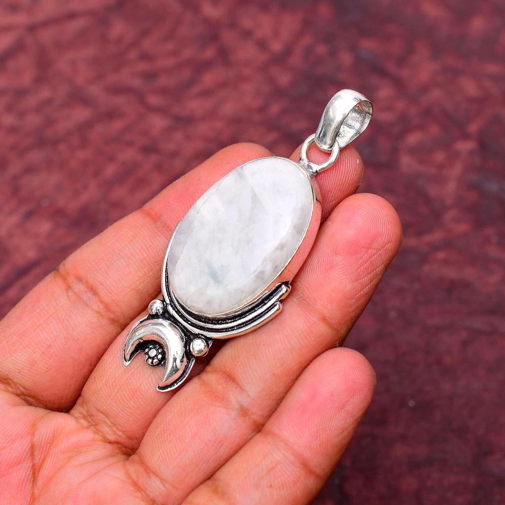 Fantastischer Regenbogen-Mondstein Edelstein Anhänger: 925 Sterling Silber Handgefertigte Anhänger Halskette Schmuck