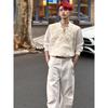 Men's Cream Stand Collar Long-Sleeve Shirt with Rose Embroidery Decorative Buttons