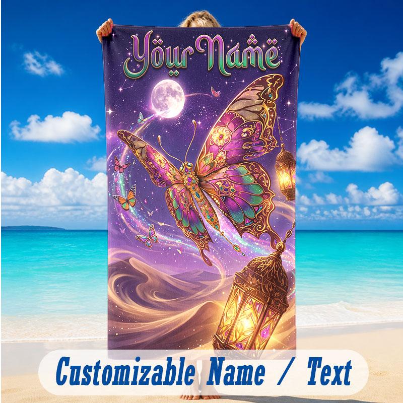 Butterfly Theme Beach Towel Personalized Custom Name & Text Soft Quick Dry Beach Towel for Swimming Travel