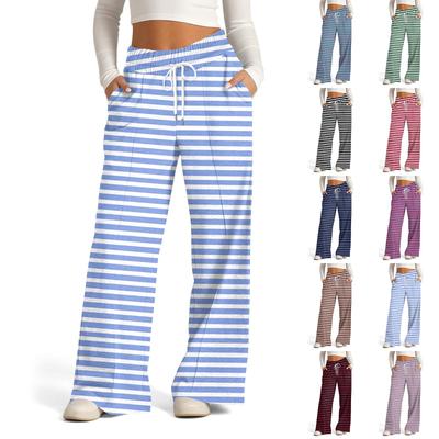 Pantaloni casual cu picior larg pentru femei, talie înaltă, pantaloni sport cu dungi