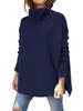 2024 Damen Hochhals Oversized Mittellanger Fledermausärmel Pullover mit Schlitzsaum und Taillengürtel