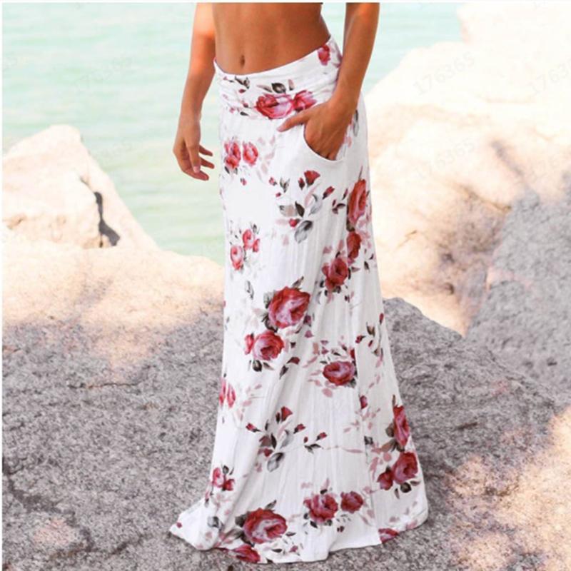 Flower Boho Waist Maxi Lady Print Low Summer Skirt