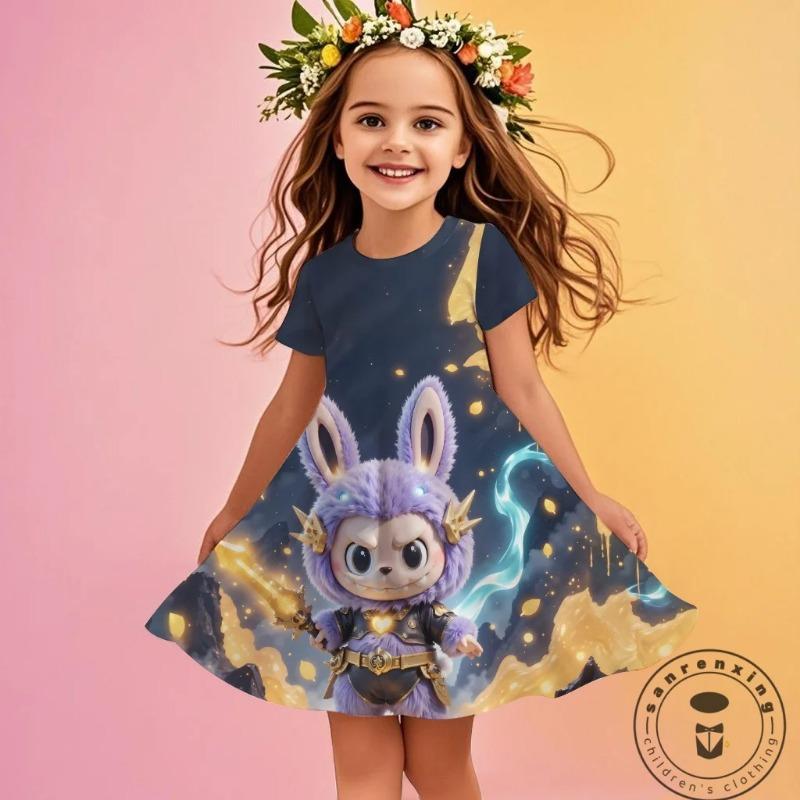 

MINISO Новое летнее платье для девочек Labubu с 3D-принтом, модное, мультяшное, милое, принцесса, одежда для девочек, юбка, вечеринка, Labubu 120