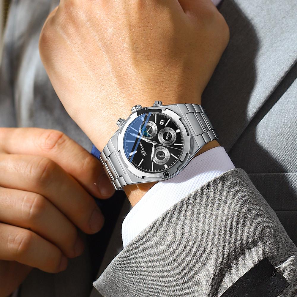 Man Wristwatch Business Waterproof Male Clock Luminous Date Stainless Steel Quartz Men Chronograph Watch