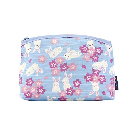 Maeda Senko Wafu Biyori Gusseted Pouch, Rabbit & Cherry Blossoms, Light Blue, Made in Japan