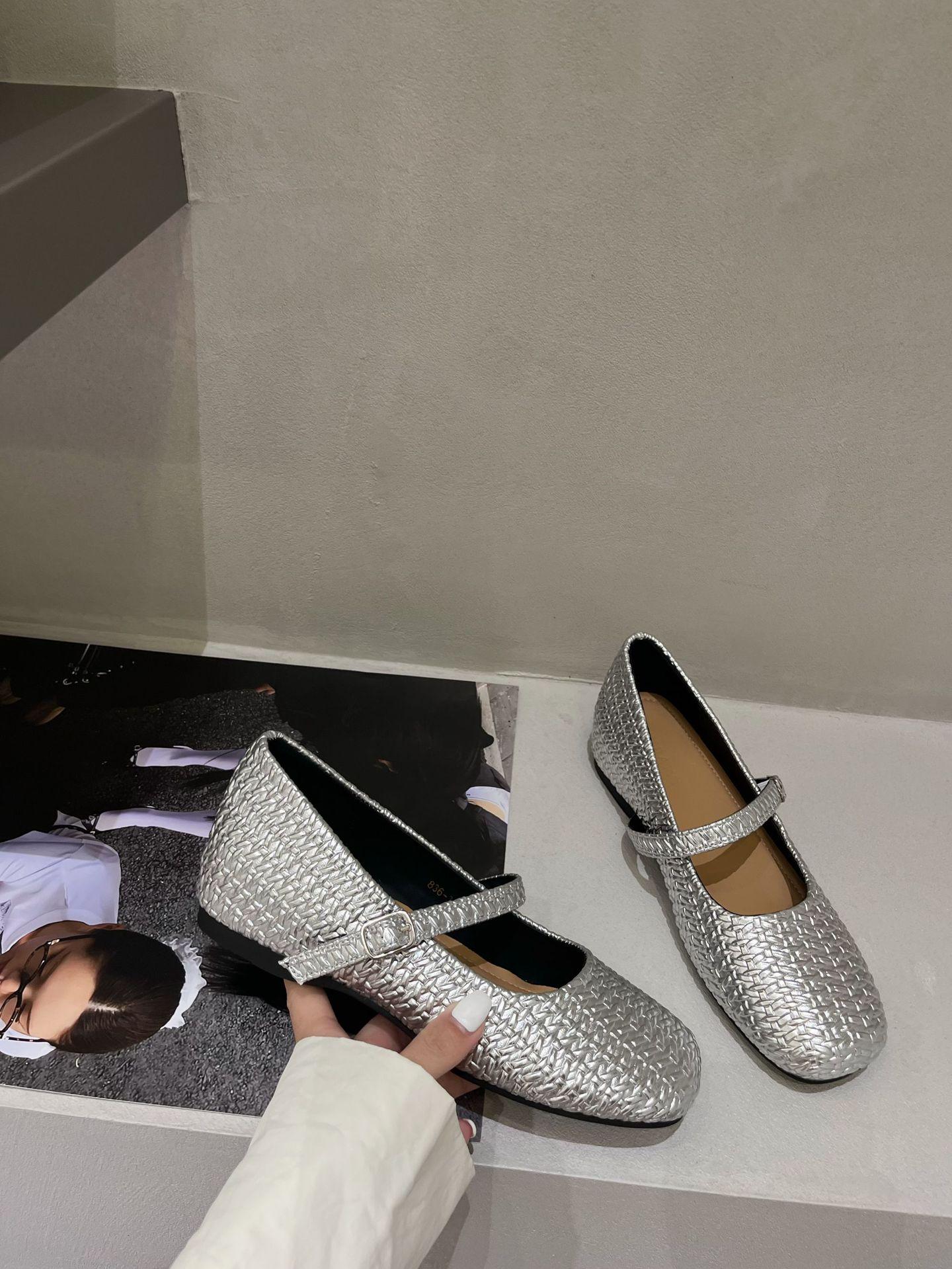 

2025 Retro Woven Mary Jane Ballet Flats with Inner Lift, Square Toe, One-Strap Design for Women 37 серебряный