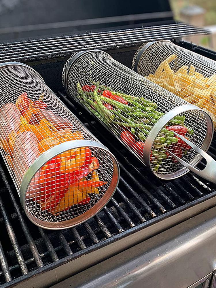 

BBQ Basket Universal Metal Round Rolling BBQ Rack Stainless Steel Grill Basket Outdoor Camping Barbecue Rack for Vegetables Fish China Mainland