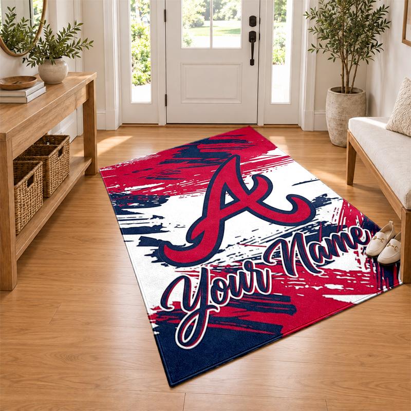 Atlanta Braves Custom Name Personalized Rug Non‑Slip Doormat Floor Carpet Housewarming Birthday Gift for Family Friends