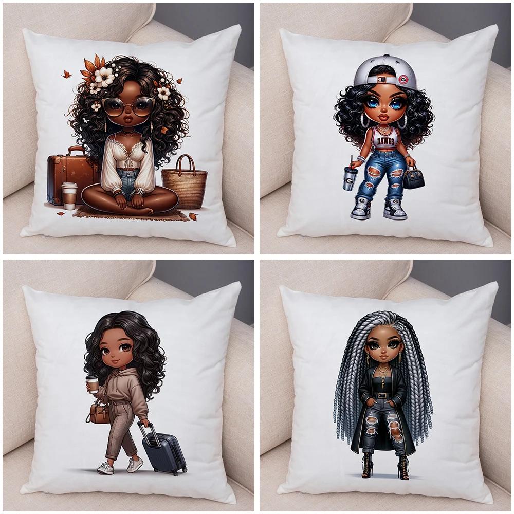 Fashion Cartoon African Girl Pillow Case Soft Plush Cushion Cover for Sofa Home Decor Cute Black Women Throw Pillowcase