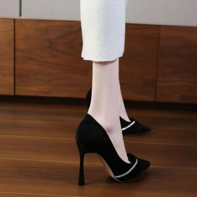 French Temperament Pointed Women's Single Shoes Autumn New Rhinestone Light Mouth Black Work Stiletto High Heels