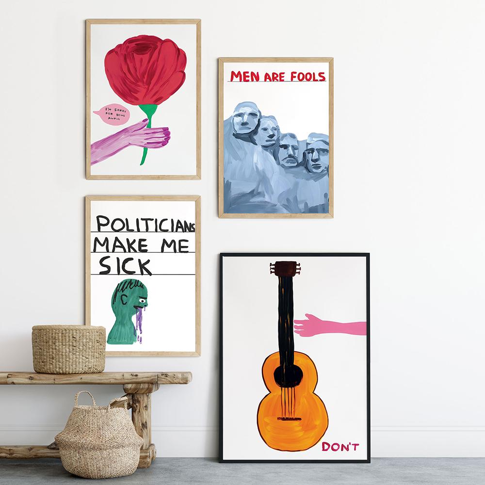 David Shrigley Rose Kytarový umělecký plakát Současný tisk Kuchyň Vtipný citát Obraz na plátně Abstraktní obrázky Domácí nástěnná dekorace