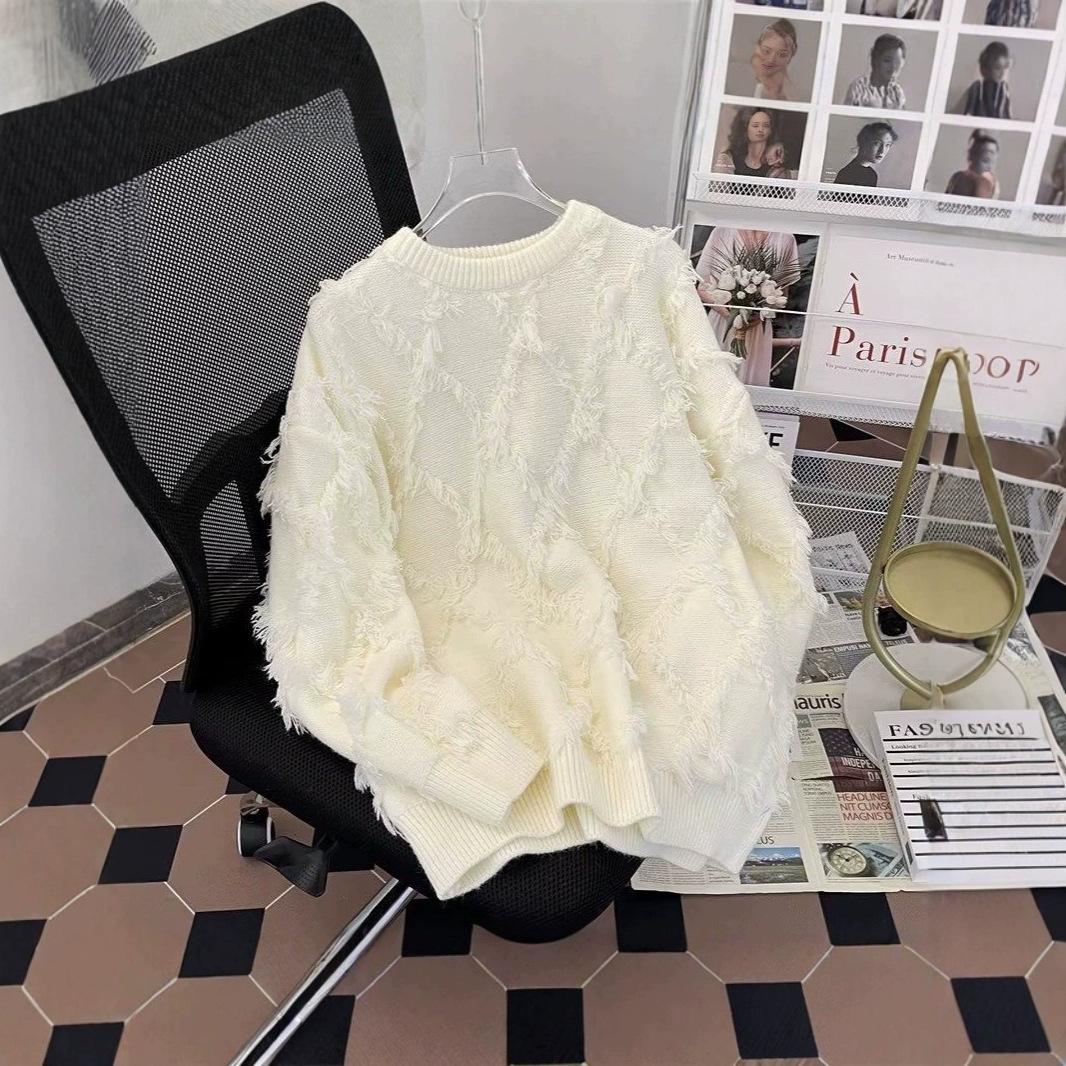 

2024 Уличный однотонный свитер с кисточками - Женский осенне-зимний свободный, мягкий вязаный стиль Medium белый
