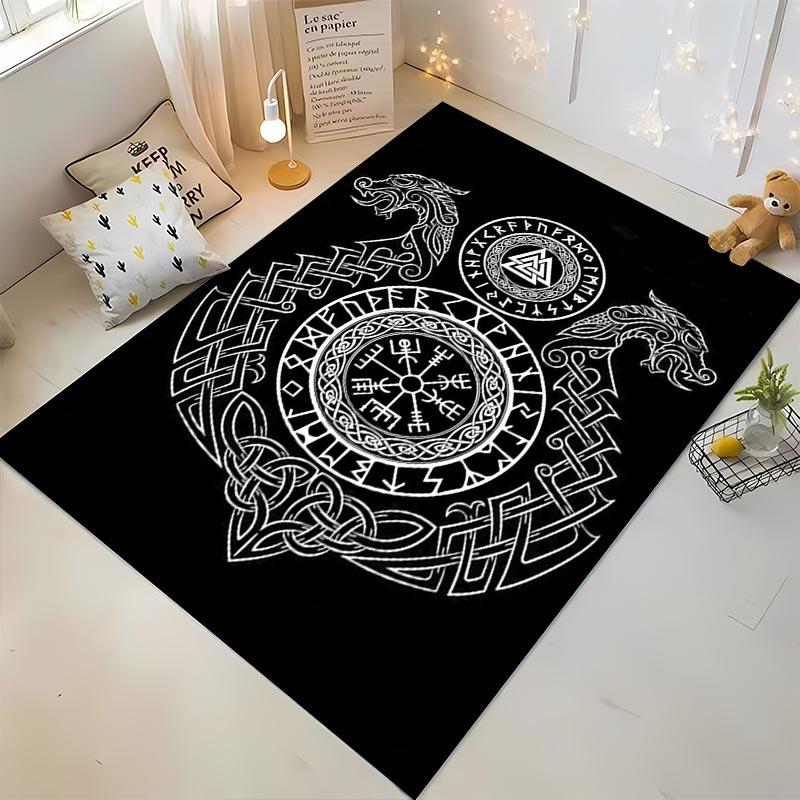 "Nordic Viking Black Carpet with Runes, Dragon Symbols, and Knotwork" Suitable for Use As an Anti-slip for Living Room Bedroom Sofas