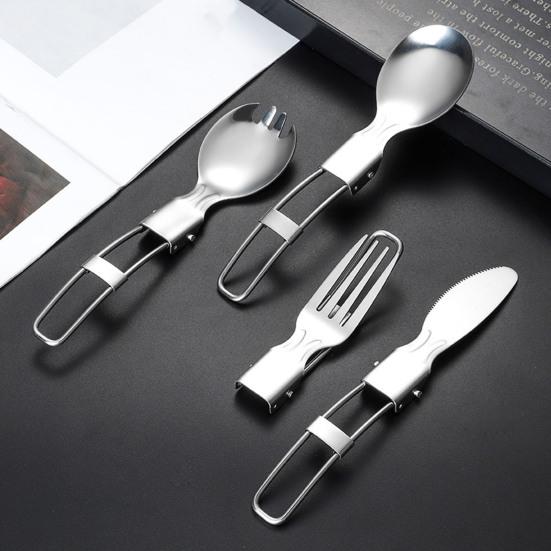 Stainless Steel Folding Spoon Fork Cutter Straw Brush Outdoor Camping Picnic Hiking Collapsible Cutlery Flatware Utensils