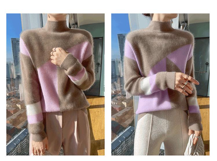 2025 Autumn/Winter Color Block Women's Half-High Collar Knit Sweater