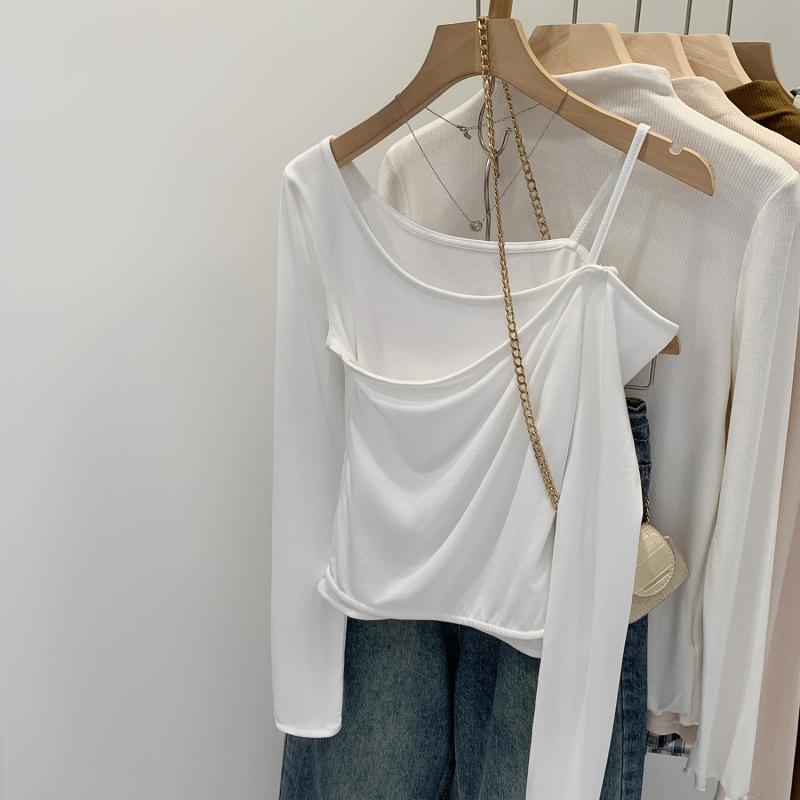 Asymmetrical One-Shoulder Long-Sleeve T-Shirt 2026 – Trendy and Slimming Design S абрикосовый