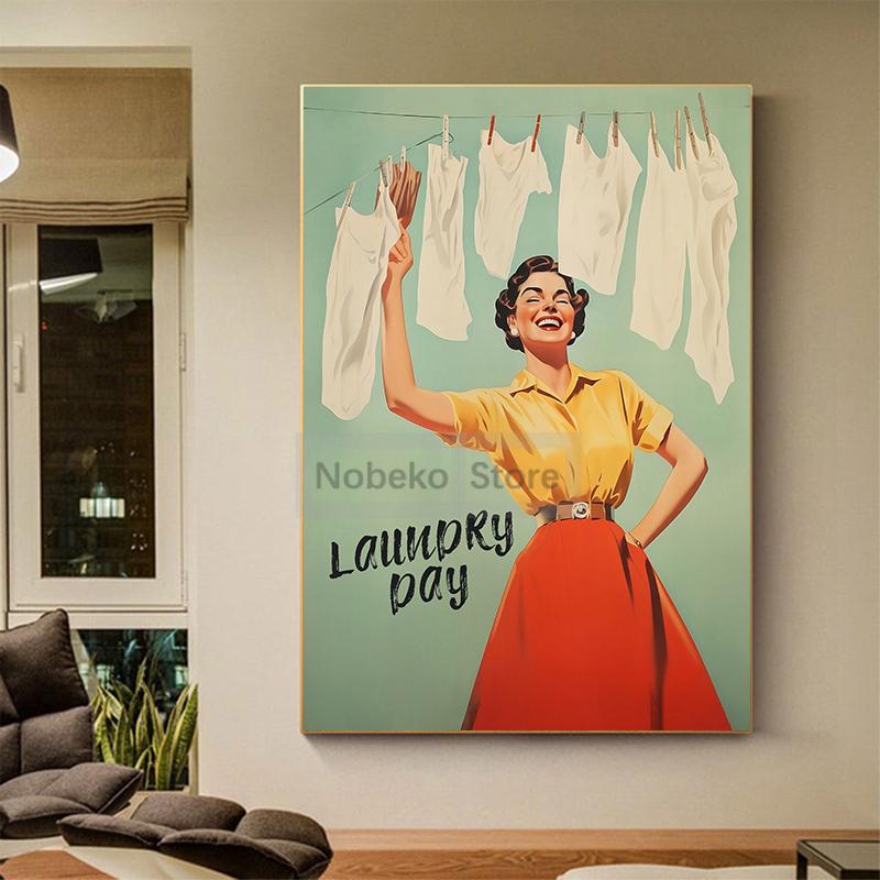 Vintage Funny Laundry Day Poster Retro Housewife Funny Prints Canvas Painting Wall Art Pictures Home Room Bathroom Decoration