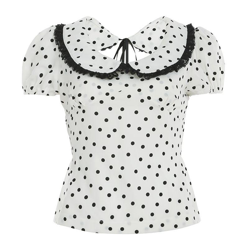 

European and American Women s Clothing French Young Adult Contrast-Color Doll Collar Open Back Polka Dot Shirt Stylish Smocking Waist-Controlled Top White L