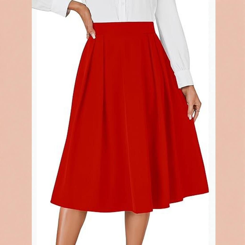 Women's Retro High-waisted Pleated Back Tie Flared A-line Midi Skirt