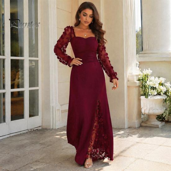 Summer Maxi Dress Flower Lace Sleeve Long for Women, Square Neck Ruffle A-Line Slim Waist Dress, Solid Color Party Soft Women