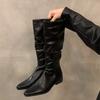 Women's Knee High Boots Sexy Pointed Toe Stiletto Heel Leather Boots Pleated Stack Long Tube Boots Slim Knight Boot Botas Mujer