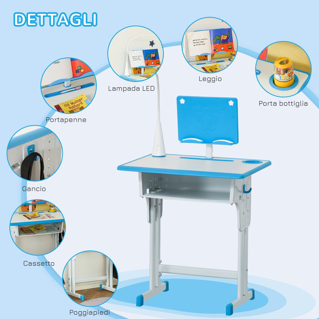Kids Desk and Chair Set Adjustable Height Study Table Set with Drawer, Book Stand, Pen Slot - Blue