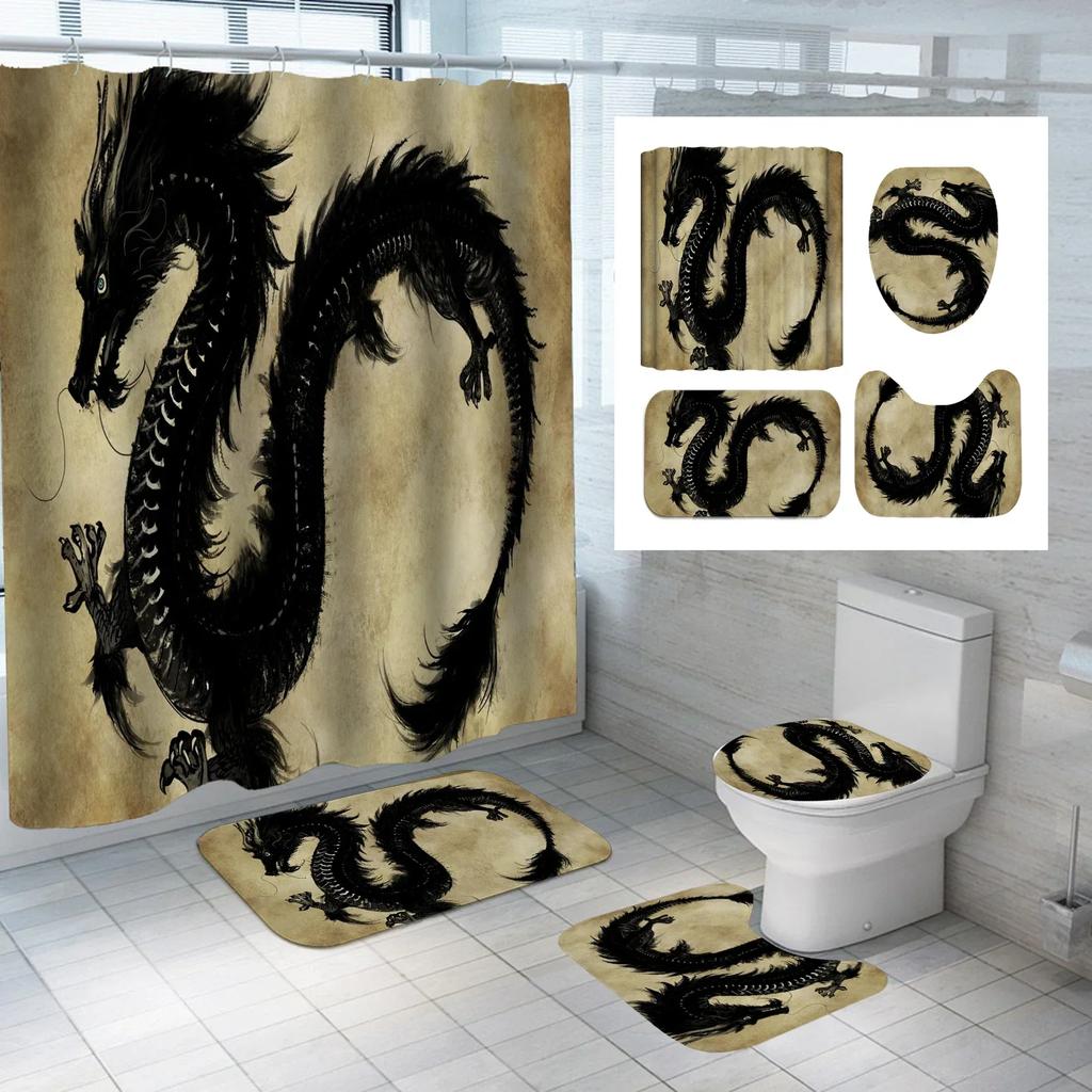 Flying Dragon Printed Waterproof Shower Curtain Set Toilet Cover Mat Non-Slip Bath Rugs Bathroom