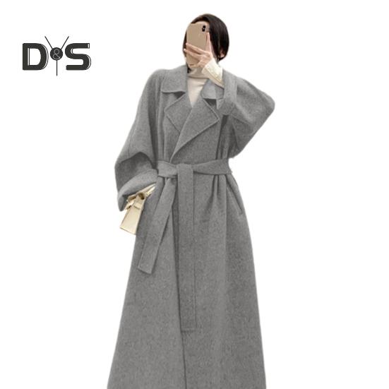 Sobretudo de inverno feminino com cinto, gola virada para baixo, bolsos, cardigan de cor pura, casaco de comprimento médio, mangas compridas, térmico, para deslocamento, namoro, casaco de inverno