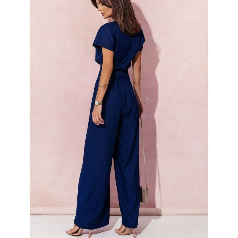 Fashion Spring/Summer New V-neck Fashion Temperament Pure Color Minimalist Loose Wide Leg Short Sleeve One-Piece Pants Jumpsuit