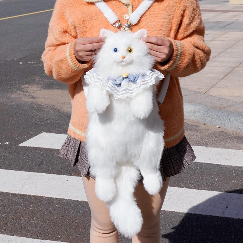 Super Cute Trendy Fashion White Cat Bag Plush Girl Backpack Pure Handmade Simulation Cat Shopping Bag Birthday Gifts For Kids