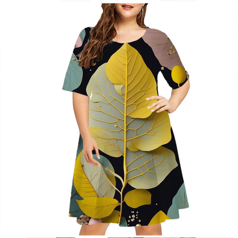Green Leaf Raindrop Women'S Dress Short Sleeve Summer Fashion O-Neck Loose Plus Size Dresses 6XL Casual 3D Print Mini Dress 5XL
