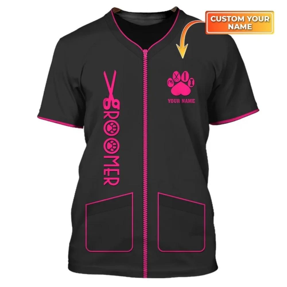 Haustier Hund Kosmetiker Rollenspiel Spaß Gedrucktes Herren T-Shirt Lässig Hip-Hop Mode Kurzarm Rundhals Übergroßes Oberteil