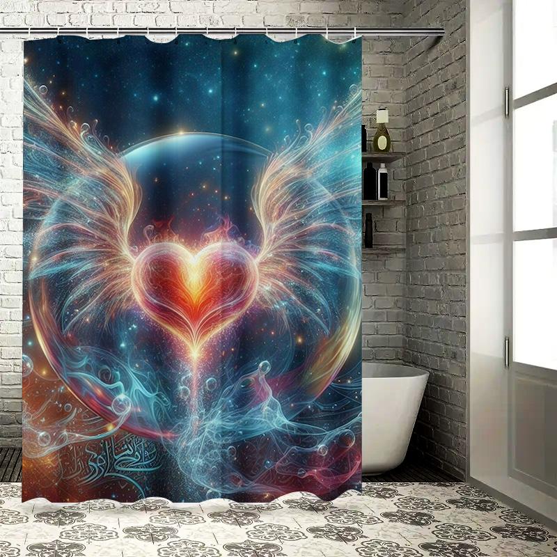 Celestial Heart Wings Shower Curtain - Waterproof, Mildew-Resistant, Machine Washable for Cosmic Bathroom Decor