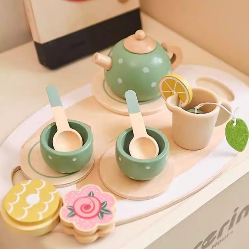 Wooden Kids Tea Set Pretend Play Food Kitchen Accessories Creative Imaginative Toy for Girls Birthday Tea Party Playroom