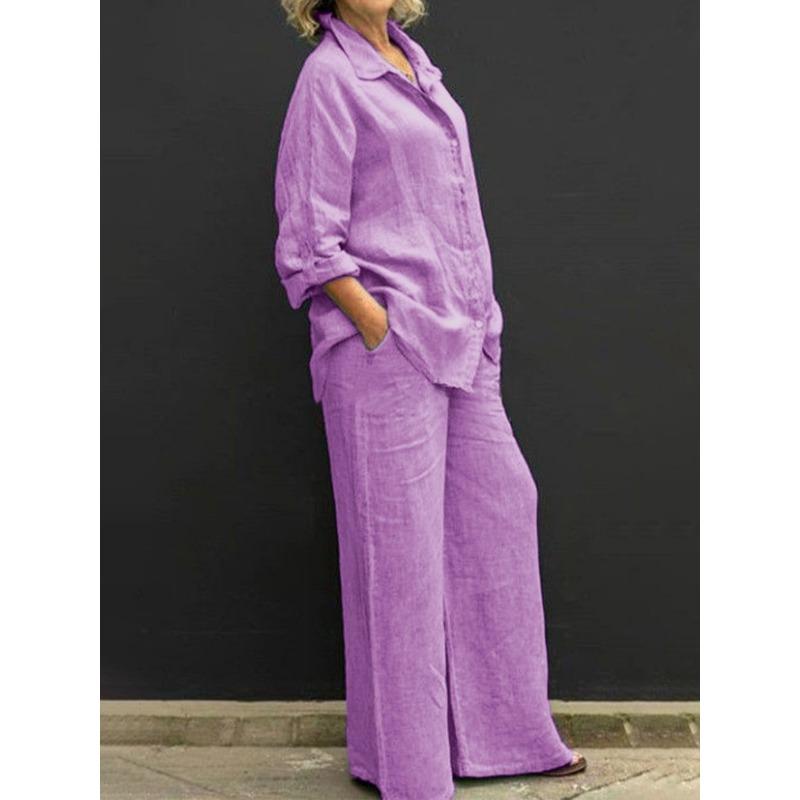 Womens Solid Color Linen Two Piece Set Loose Shirt And Wide Leg Pants