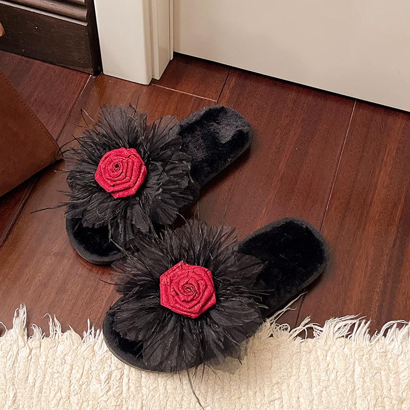 Korean version of mesh wool slippers women's 2025 spring and autumn new flower outer slippers one-word flat cotton slippers