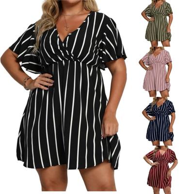 Women's Plus Size Striped V Neck Short Sleeve Dress Waist Loose Casual Bohemian Dress