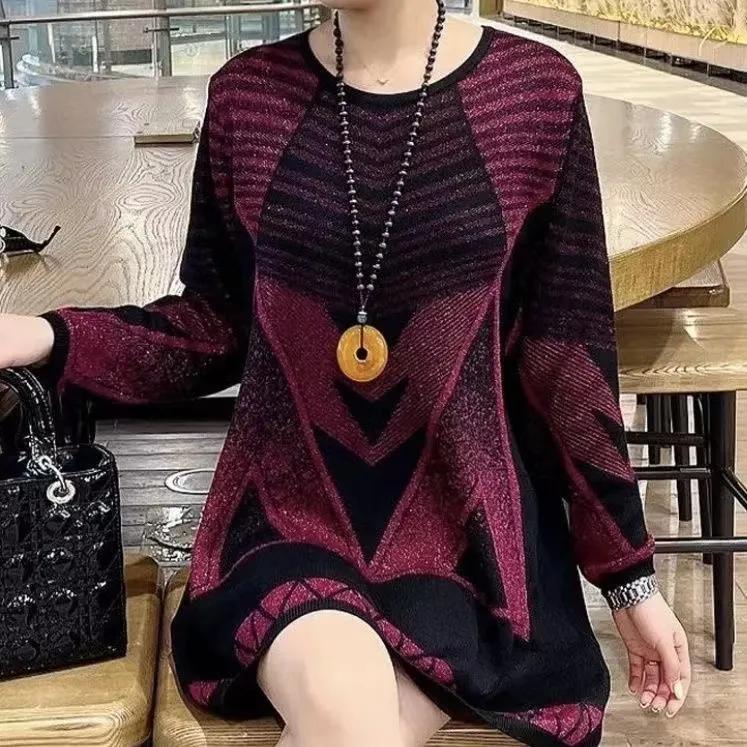 Autumn Winter Casual Geometric Fashion Bright Silk Sweaters Long Sleeve Female Clothing Round Neck Korean Midi Knitted Jumpers