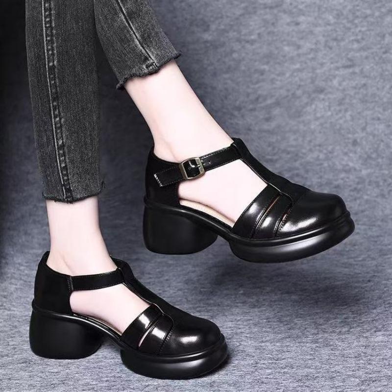 Round head thick heel thick sole high heels women's summer new hollow bag head T-buckle sandals