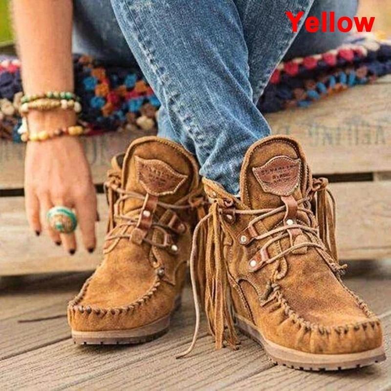 Fashion Faux Leather Tassel Boots for Women Short Platform Boots High Top Martin Boots Vintage Chunky Low Heel Short Boot Ankle Booties Flat Boots