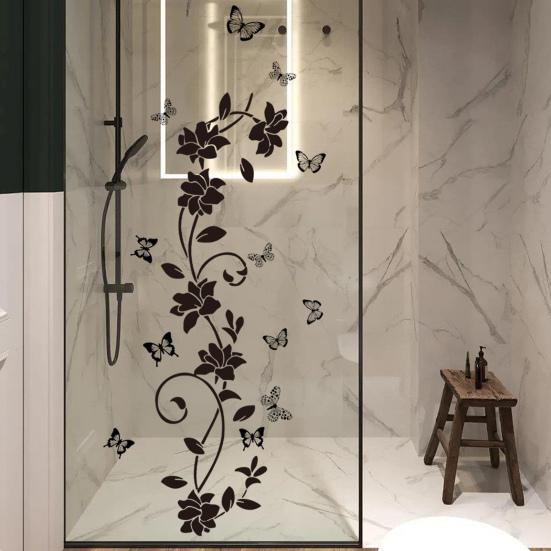 Yousheng Black Flower Butterfly Glass Sticker Waterproof PVC Removable Self-Adhesive Bathroom Wall Door Floral Art Decorative Decal