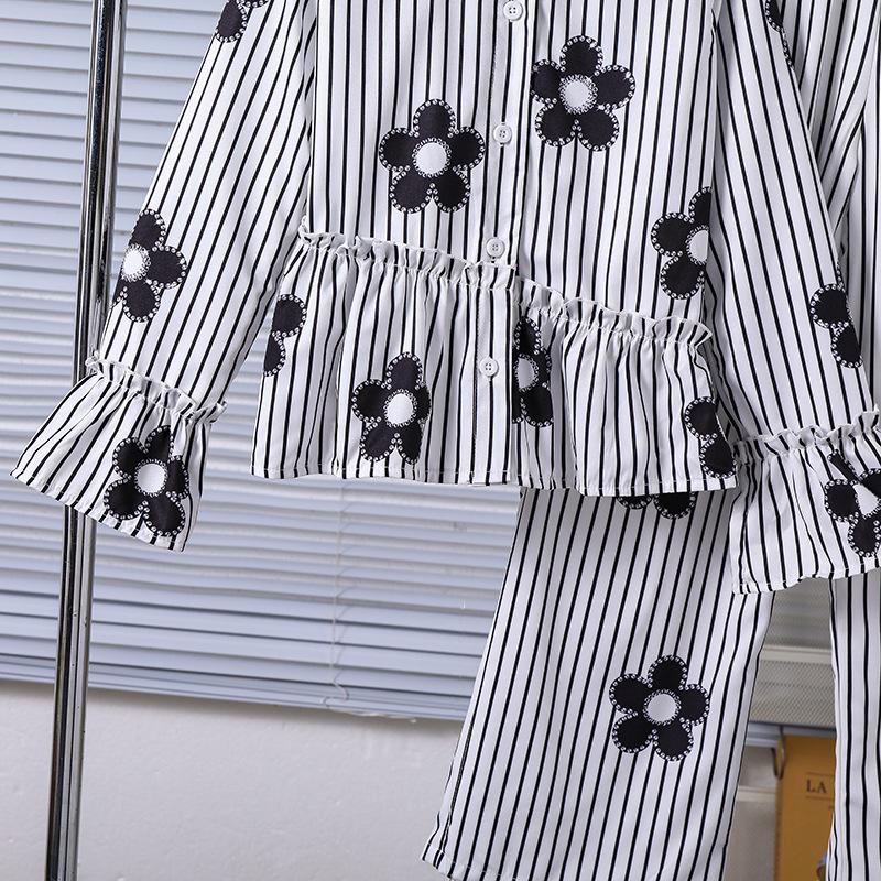 Girls' Fashionable Shirt Set for Fall Children's Striped and Floral Long-Pants Two-Piece Set