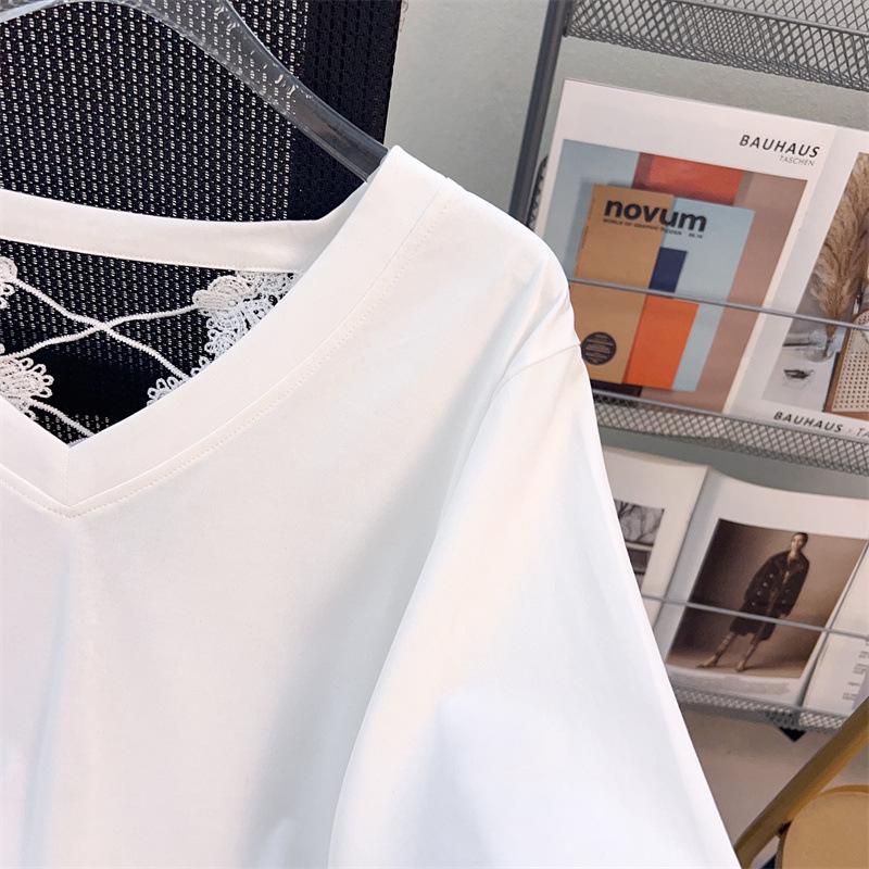 Plus Size Loose Mid-Length V-Neck Short-Sleeve T-Shirt for Women (Sizes 200/300/350 Jin) - Style 7103