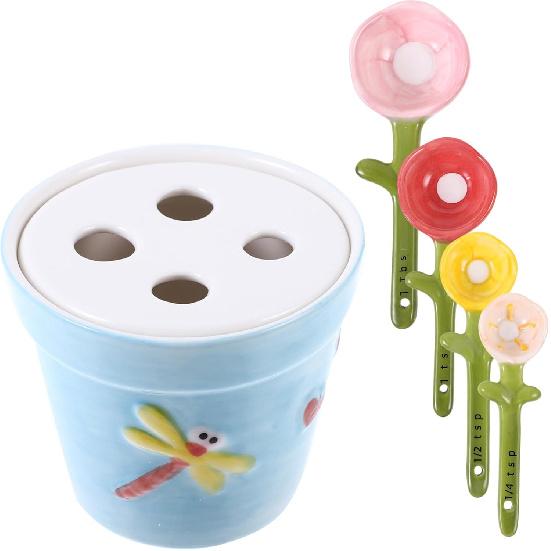Kichvoe 1set Ceramic Flower Design Measuring Spoon with Base Cute Baking Gadget for Measuring Dry Wet Ingredients for Milk Powder